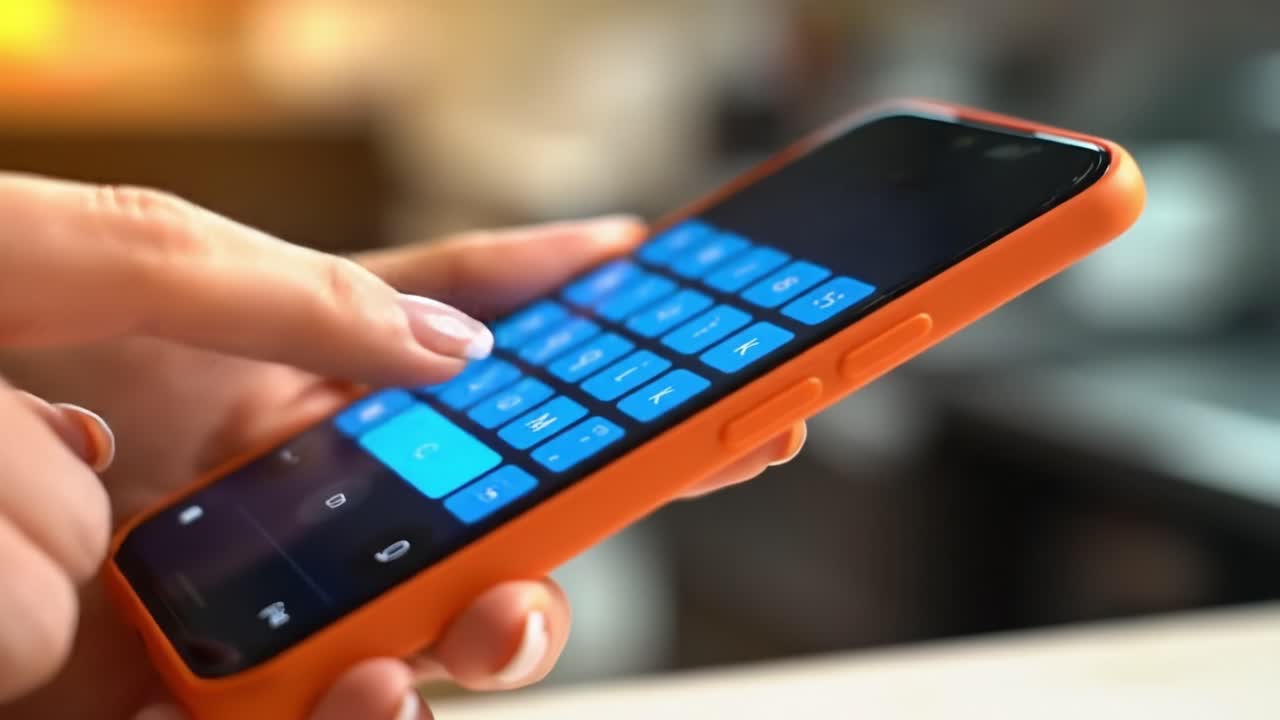 A person engages with a mobile application on their smartphone. The bright screen displays a colorful keyboard while the cozy atmosphere enhances the user's experience and focus.