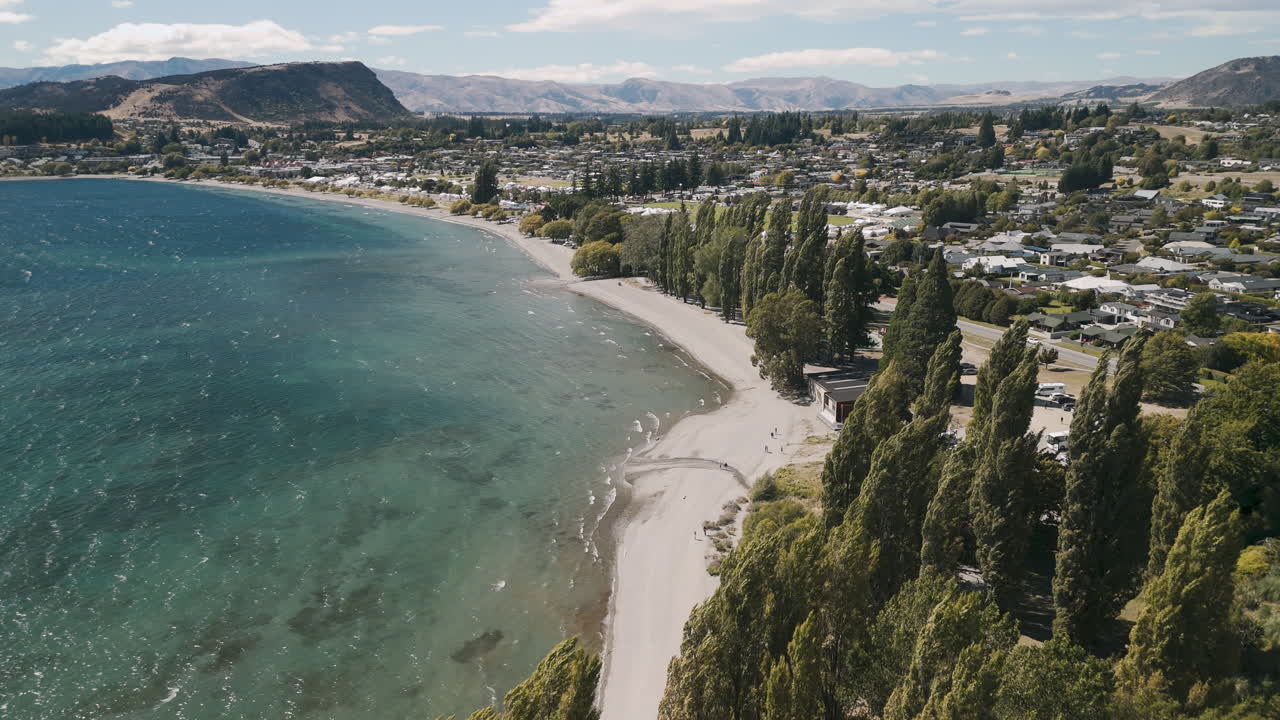 Aerial View of Lake Wanaka Beach and Cityscape