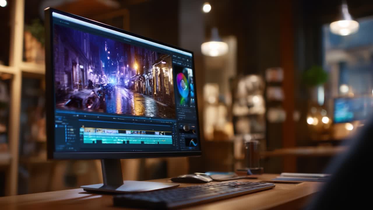 Editing a cinematic video on a computer monitor showcasing vibrant street scenes with light reflections, blending creativity and technology in a digital workspace