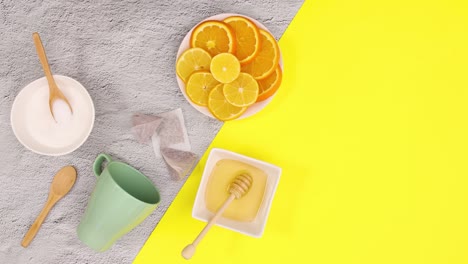 Utensil and supplies for making tea blinking on yellow theme. Stop motion