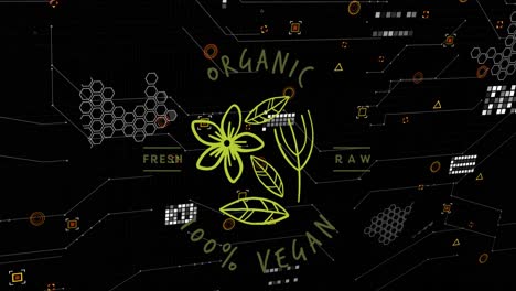 animation of organic vegan text with icons over data processing on black background