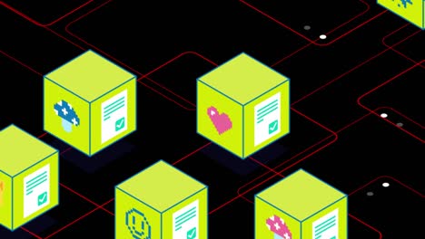 yellow virtual blocks nft cryptoart animation on a black background. virtual money transaction. blockchain technology. nft metaverse concept. 4k