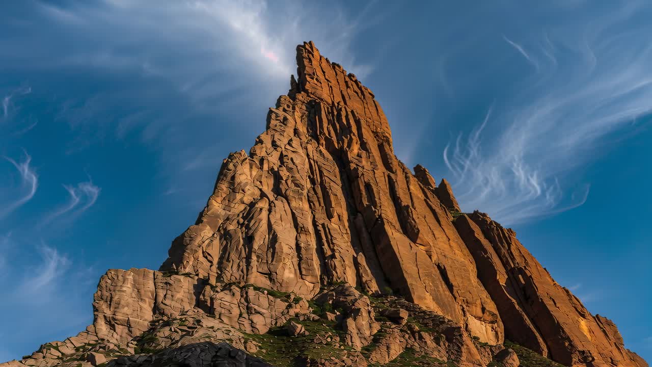 Tilting camera revealing tall jagged rock spire at mountain outcrop, emphasizing height and texture