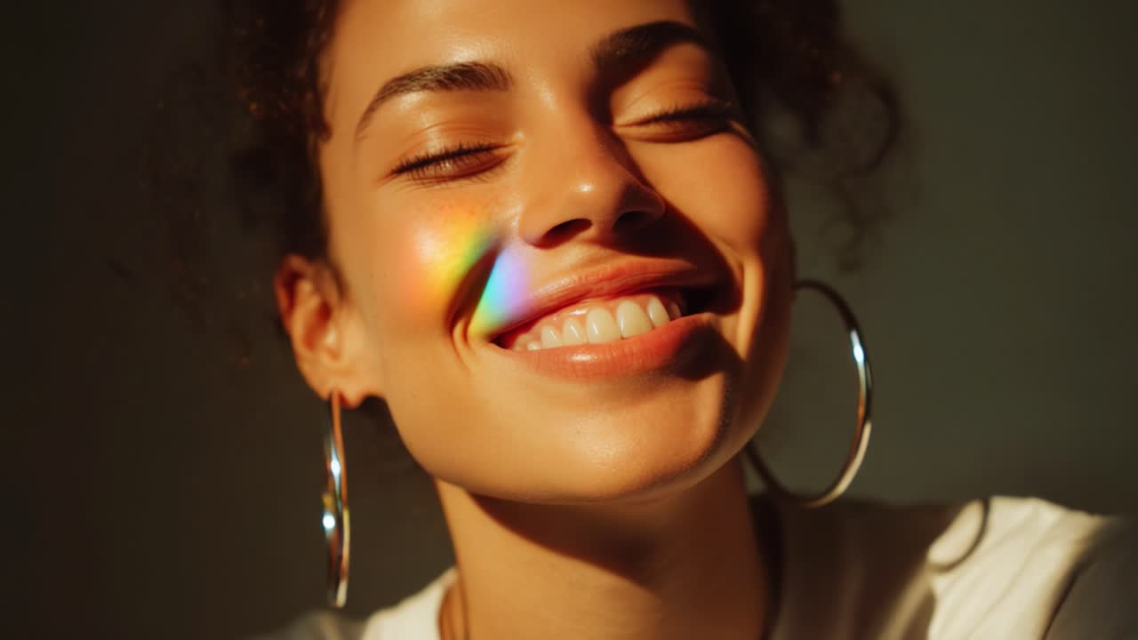 Un sorriso accattivante che esalta la bellezza e la gioia nella luce naturale con un tocco di riflessi colorati dell'arcobaleno, evocando sentimenti di felicità e calore che si irradiano da un'espressione luminosa e allegra