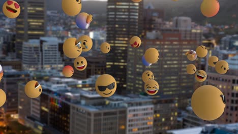 emoji icons flying over cityscape 4k