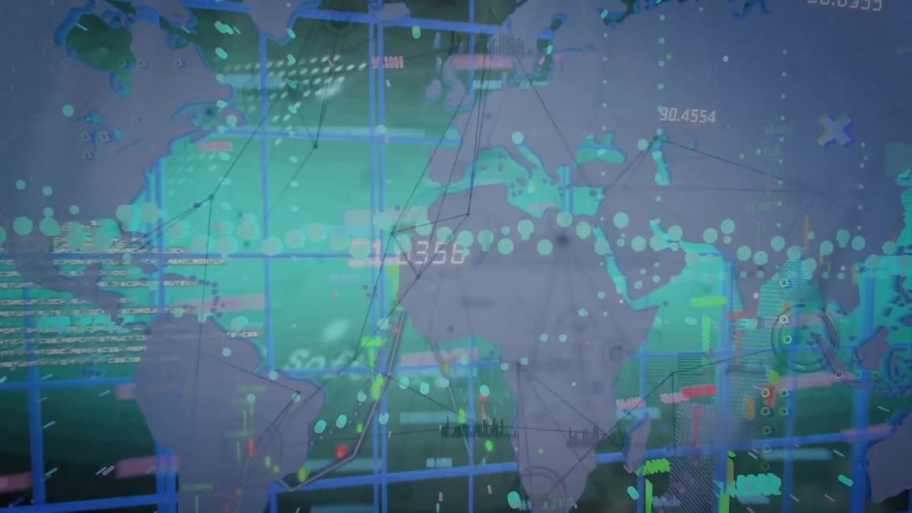 녹색 바탕에 세계 지도와 데이터 처리를 가진 연결 네트워크의 애니메이션