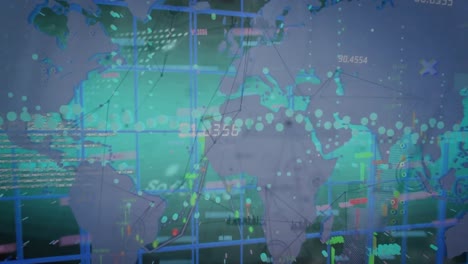 Animation-of-network-of-connections-with-world-map-and-data-processing-over-green-background