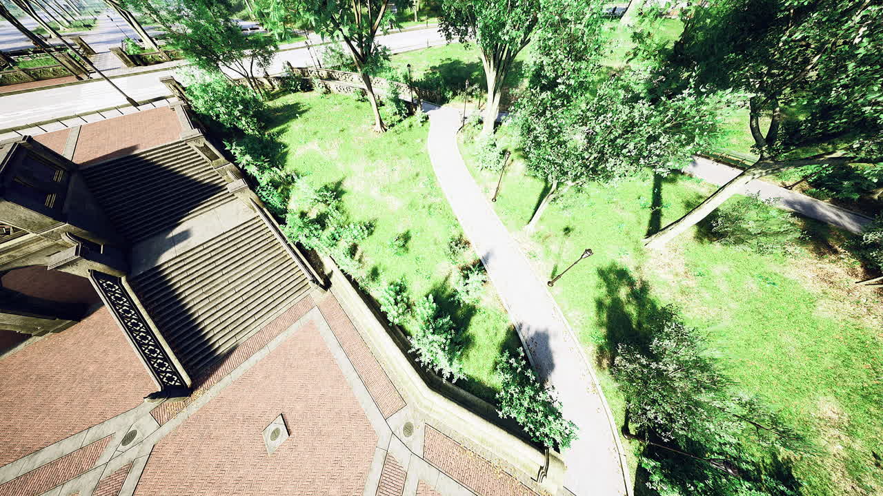 Vibrant park pathway winding through lush greenery and urban architecture