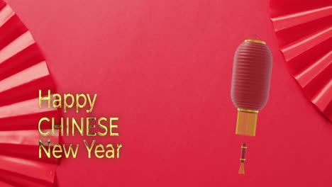 animation of happy chinese new year ext over lanterns and chinese pattern on red background