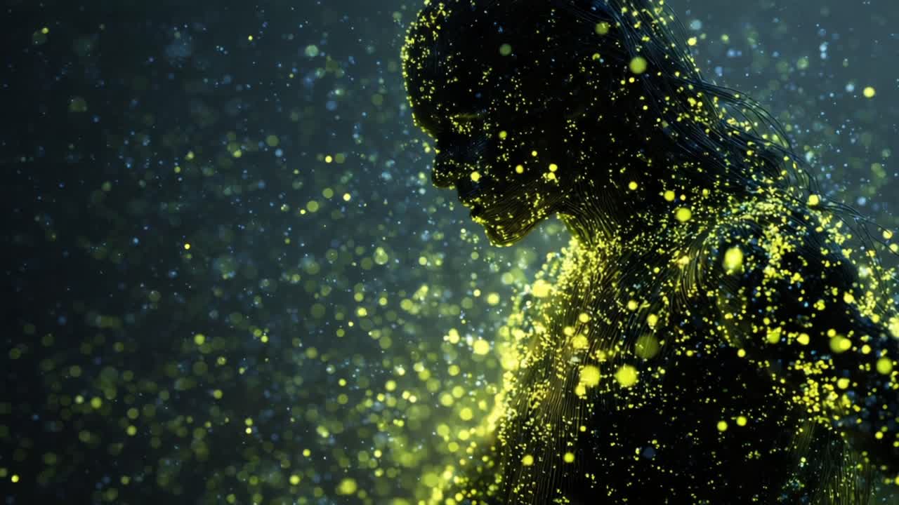 Ethereal human profile dissolving into glowing yellow particles against a dark background, blending spirituality, soul and AI into a futuristic digital energy silhouette