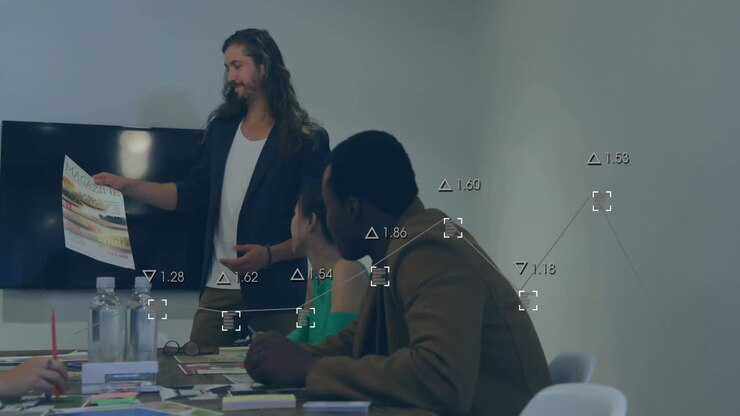 Animation of data processing over diverse business people in office