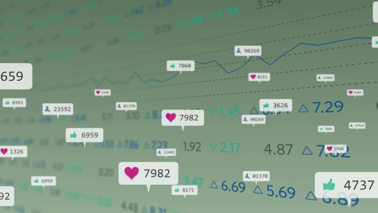 Starting with grid and blue line graph undulating popping engagement bubbles visualizing analytics