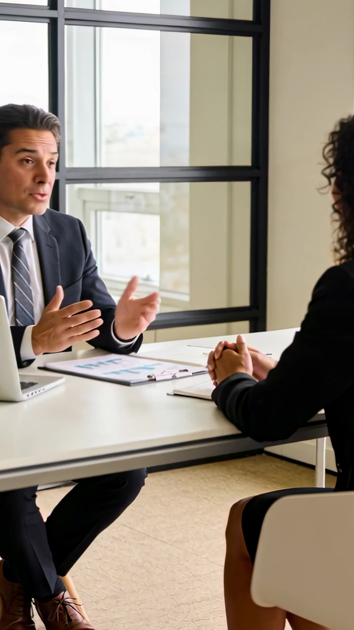 Vertical video: Starting meeting man in suit conducting interview at table by window with laptop