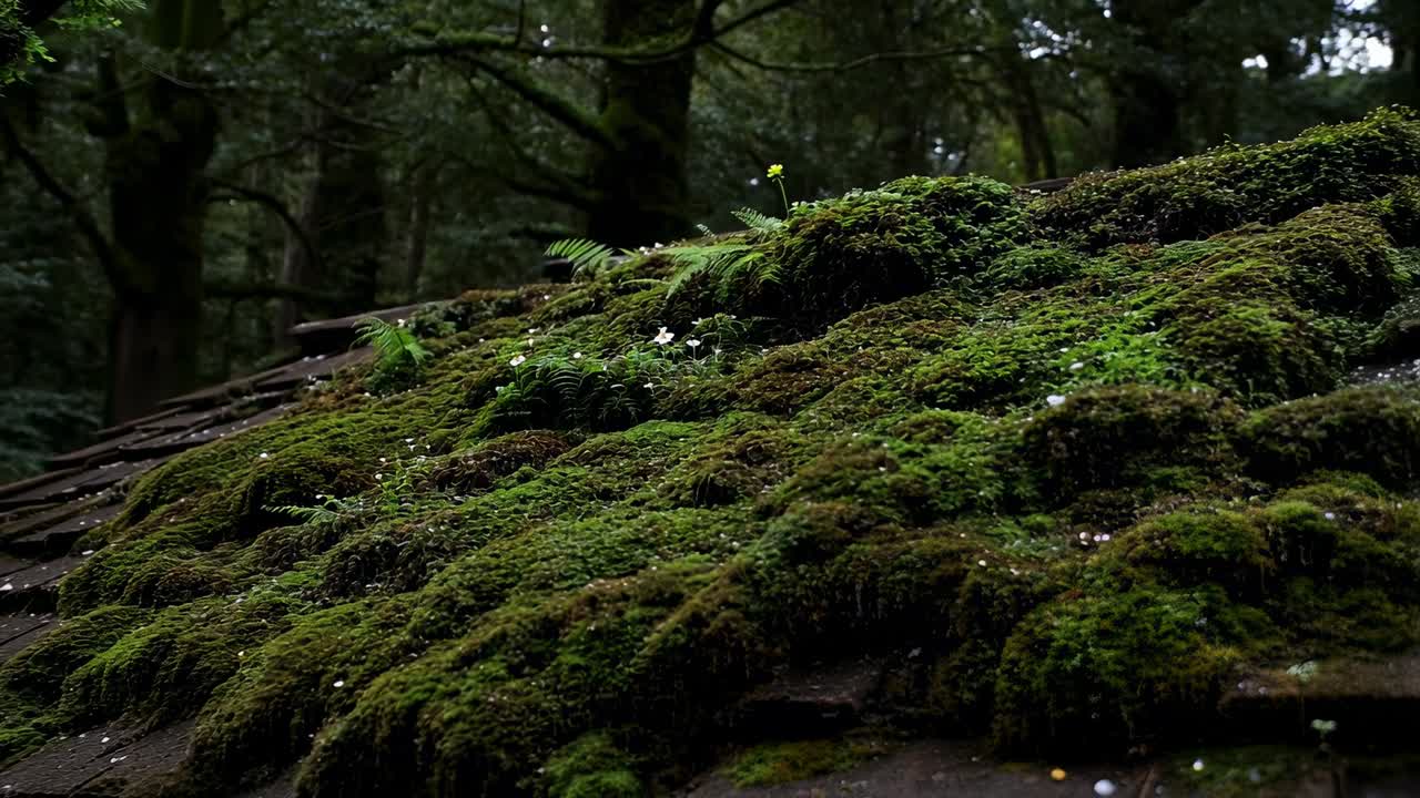 Ripresa panoramica con camera che documenta un tetto spiovente e muschioso in una pineta ombreggiata, che mostra goccioline e felci