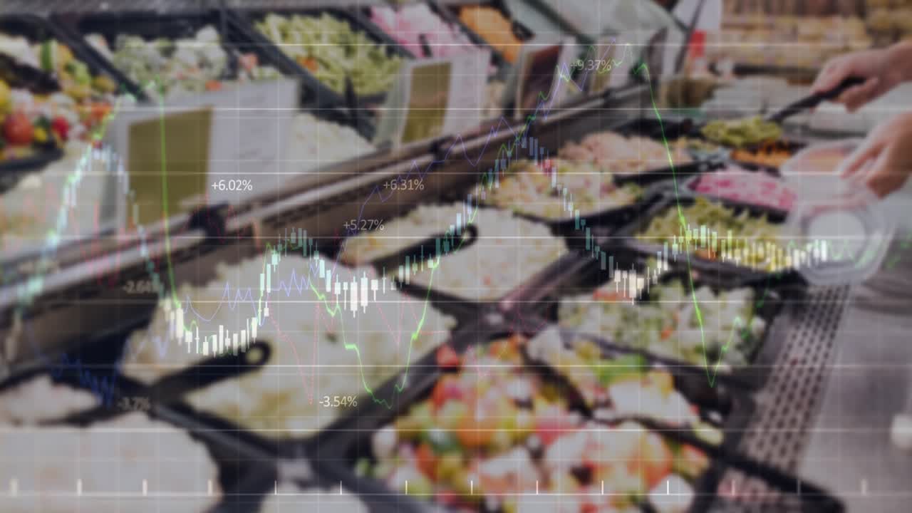 Customer hand starting using spoon, trays visible as charts sliding, receding to visualize trends