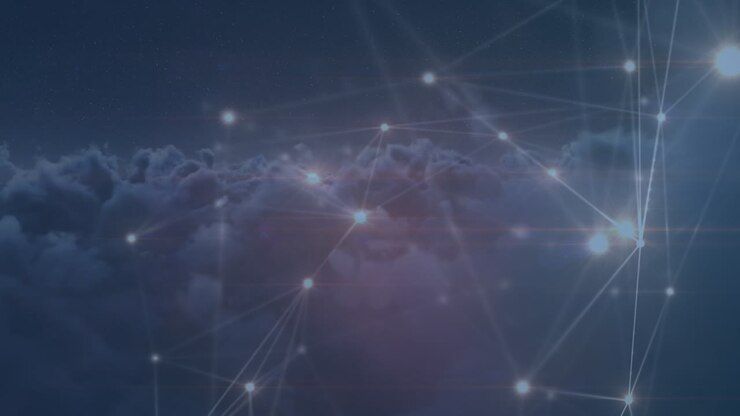 Animation of glowing network of connections over clouds in the sky