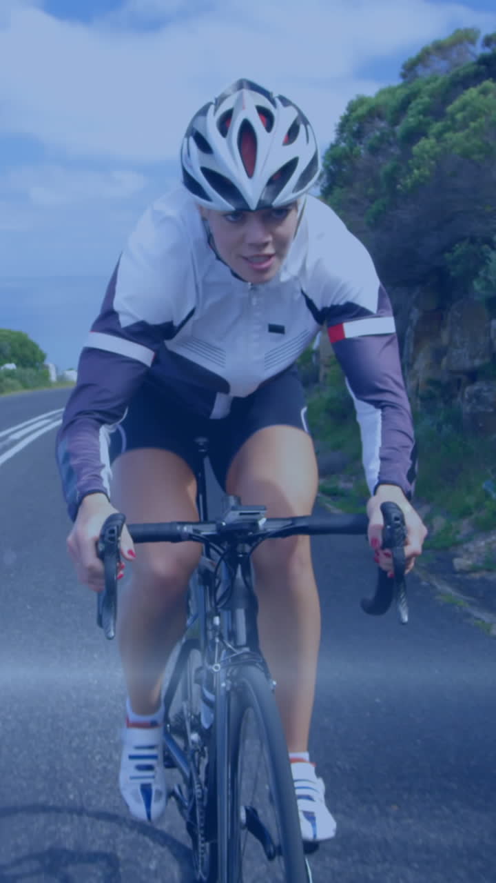 animación de puntos de luz sobre una mujer caucásica en bicicleta