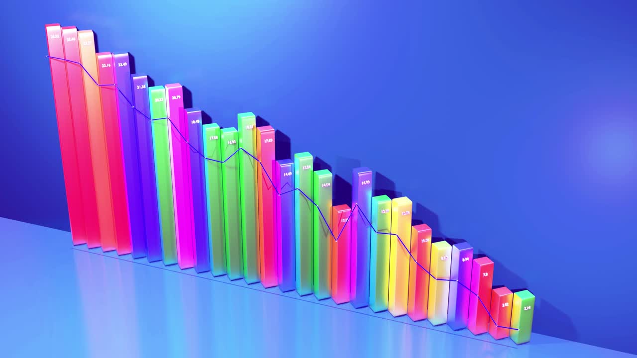 infografías en bucle abstractos de fondo con barras 3d multicolores en azul, por ejemplo. gráfico de degradación de columnas. fondo económico con espacio de copia en 4k. barras 3d como gráfico de datos estadísticos.
