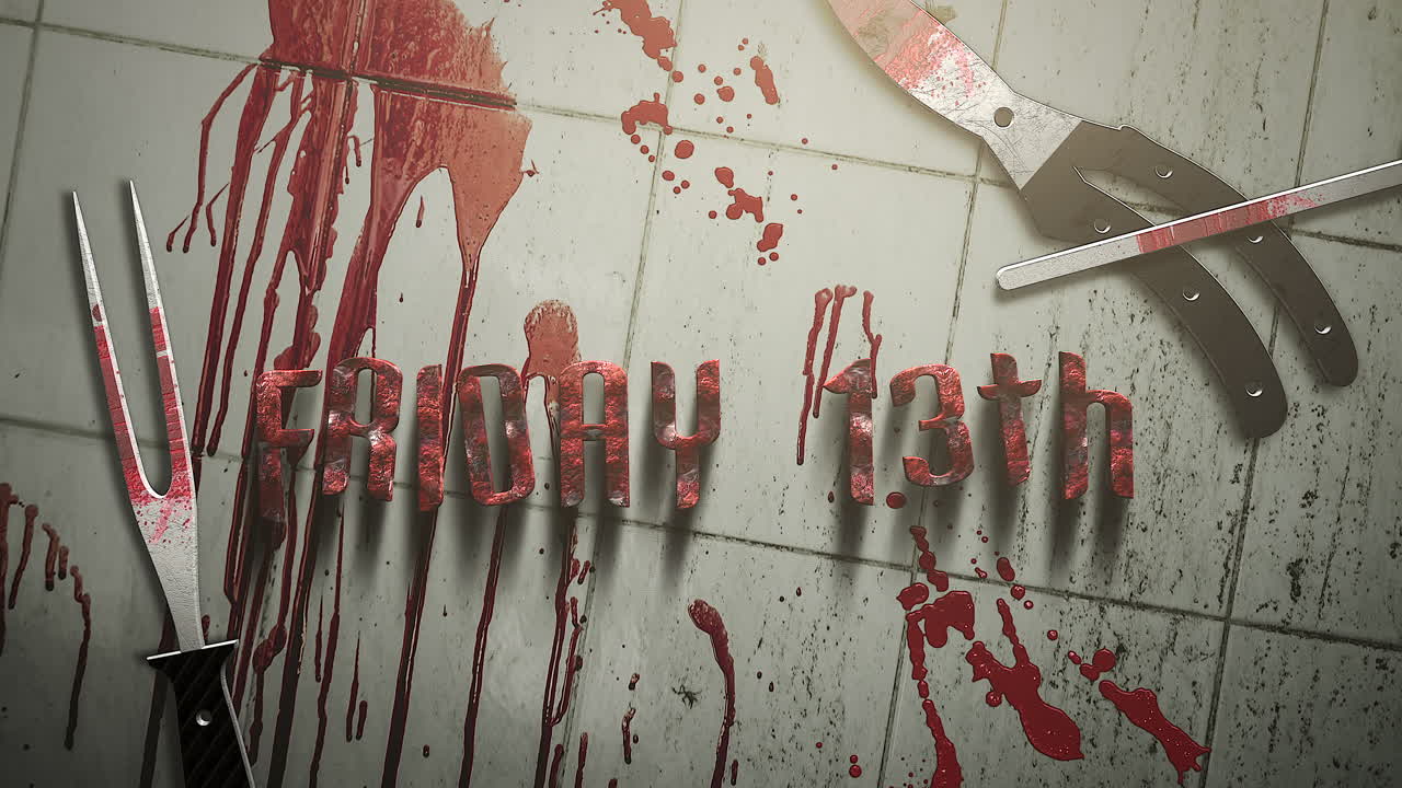 viernes 13 con sangre roja e instrumentos médicos en la pared