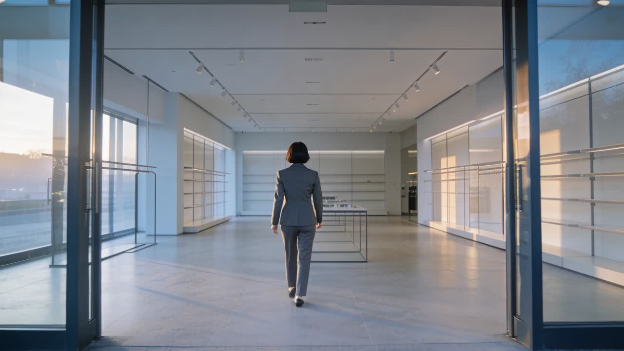 Mujer con traje gris caminando y entrando a la sala de exposición mientras las puertas corredizas se abren, pasando estantes y acercándose a una mesa.