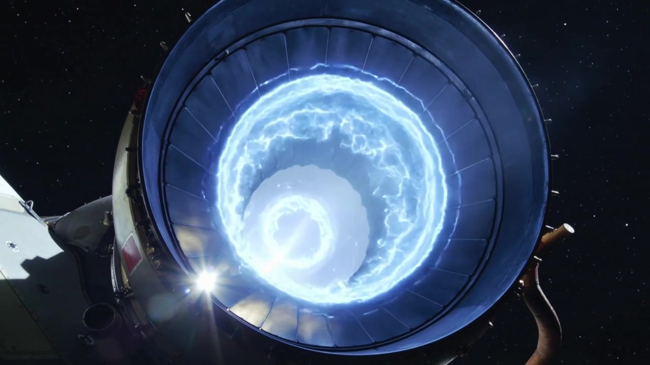 Developing engine nozzle revealing pale core glow, forming blue plasma vortex at ship rear, flare