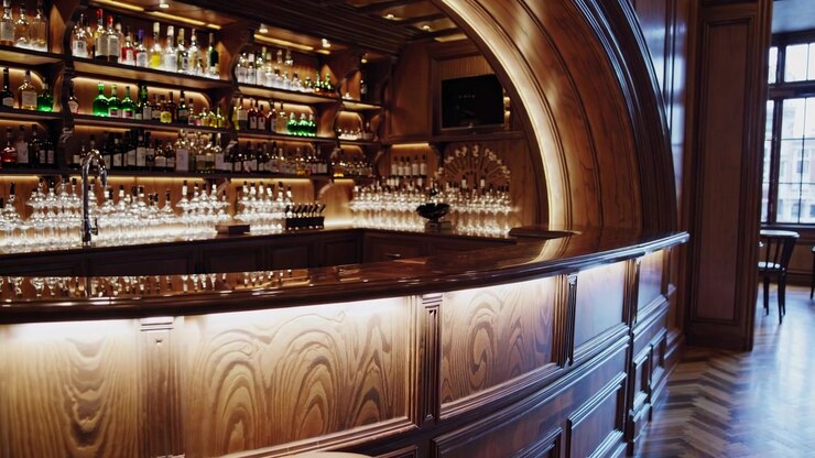 Interno elegante di un bar in legno con scaffali illuminati e cristalleria