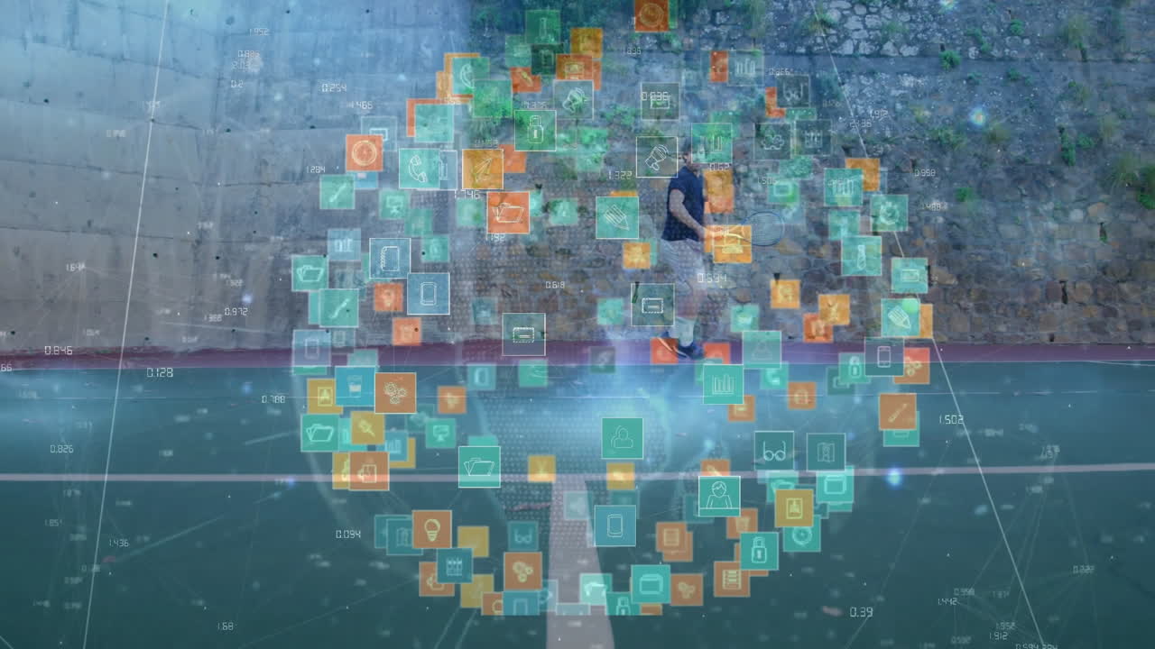 Man swinging racket on tennis court, showing floating chart and gear icon ring for technology