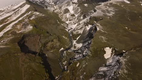 Aerial-view-of-Sólheimajökull-glacial-valley,-featuring-snow-covered-mountains,-rugged-terrain,-and-flowing-streams