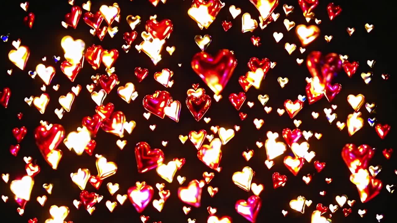 Colorful hearts cascade in a mesmerizing flow, creating a vibrant display of love and joy, illuminating the dark background with their radiant glow and enchanting movement