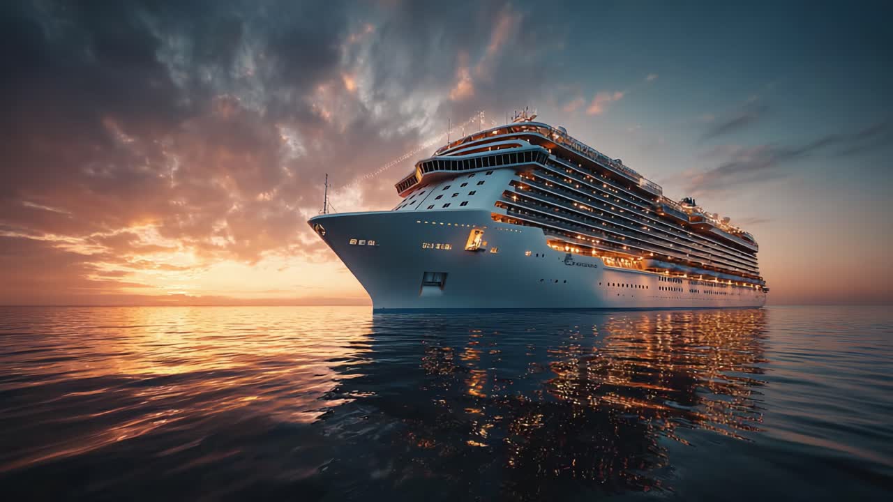 Maestosa nave da crociera che scivola su acque calme al tramonto, immersa nella luce dorata e riflessa sulla superficie tranquilla dell'oceano, offrendo una fuga invitante