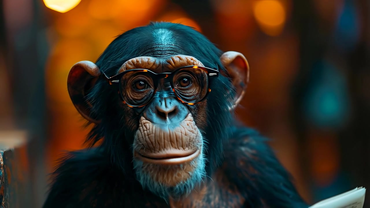 Sideprofil af en chimpanse med sorte skildpaddeskjoldbriller. Nærbillede portræt af en chimpanse med briller, der kigger til siden mod en sløret orange baggrund.
