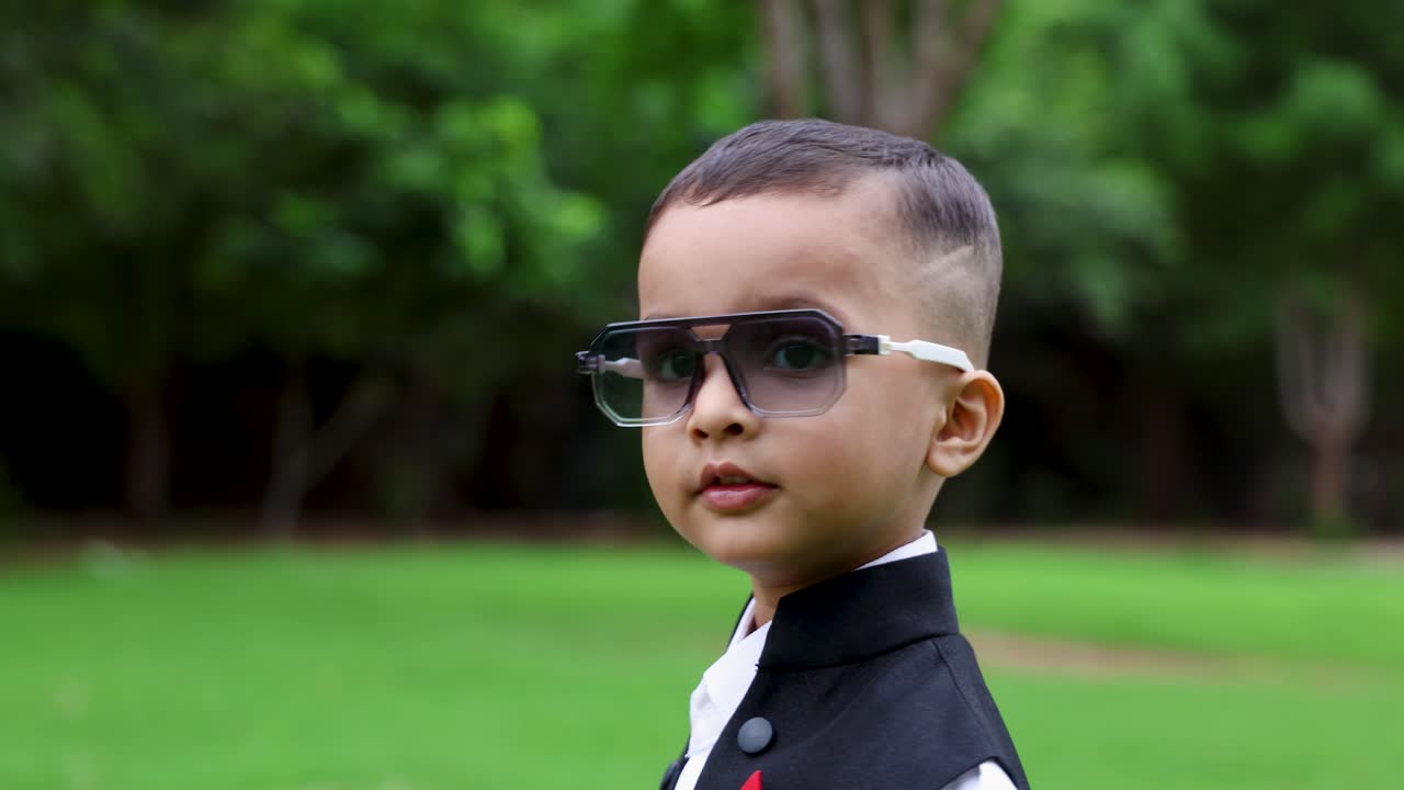 menino indiano fofo com expressão facial inocente ao ar livre