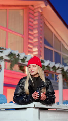 caucasian lady in red cap and black jacket drinks tea outdoors in winter. relaxed woman looks around smiling and enjoys calm evening at the porch of her house. vertical video.