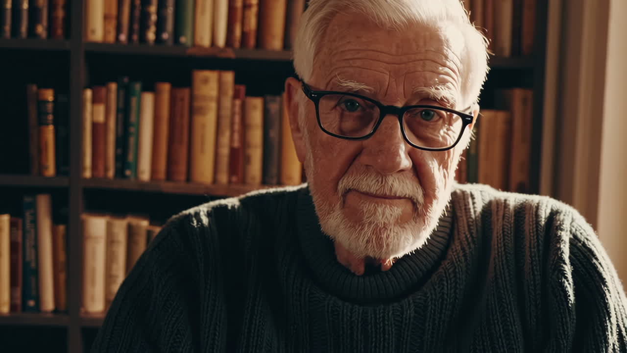 Portrait of an Elderly Man with Glasses in a Library