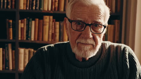 portrait of an elderly man with glasses in a library
