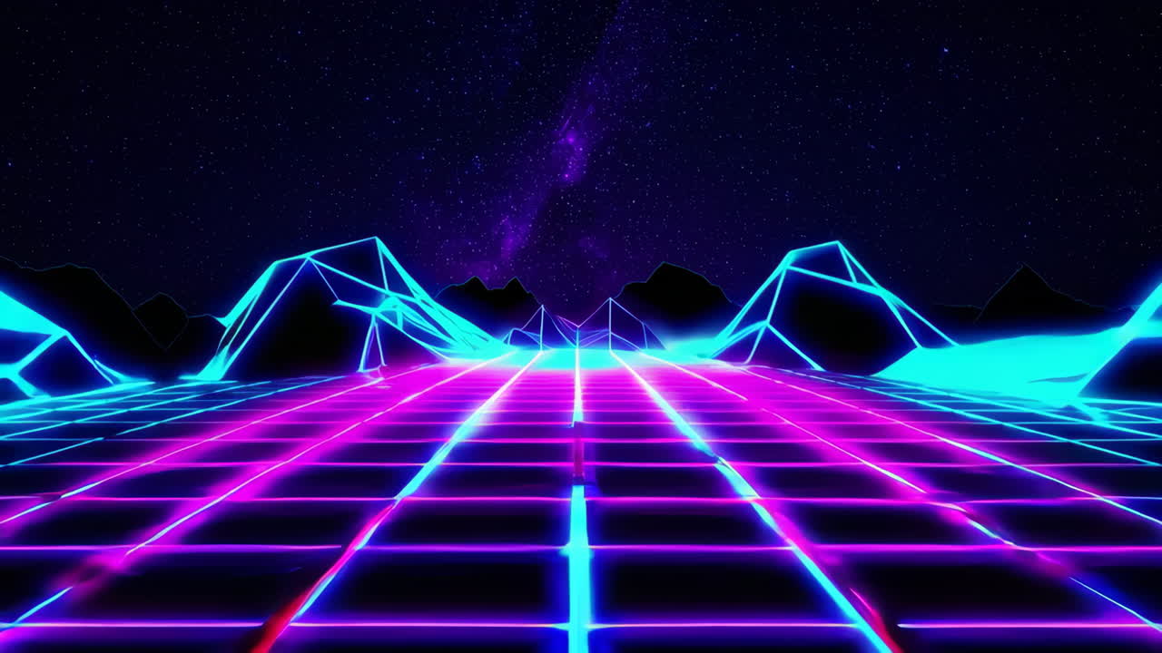 Paesaggio retrowave con griglia al neon | Montagne synthwave e cielo stellato