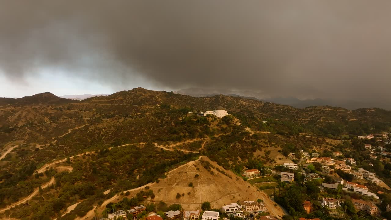 4K aerial of Hollywood Sign during the LA fires in January 2025, Los Angeles, California, USA.