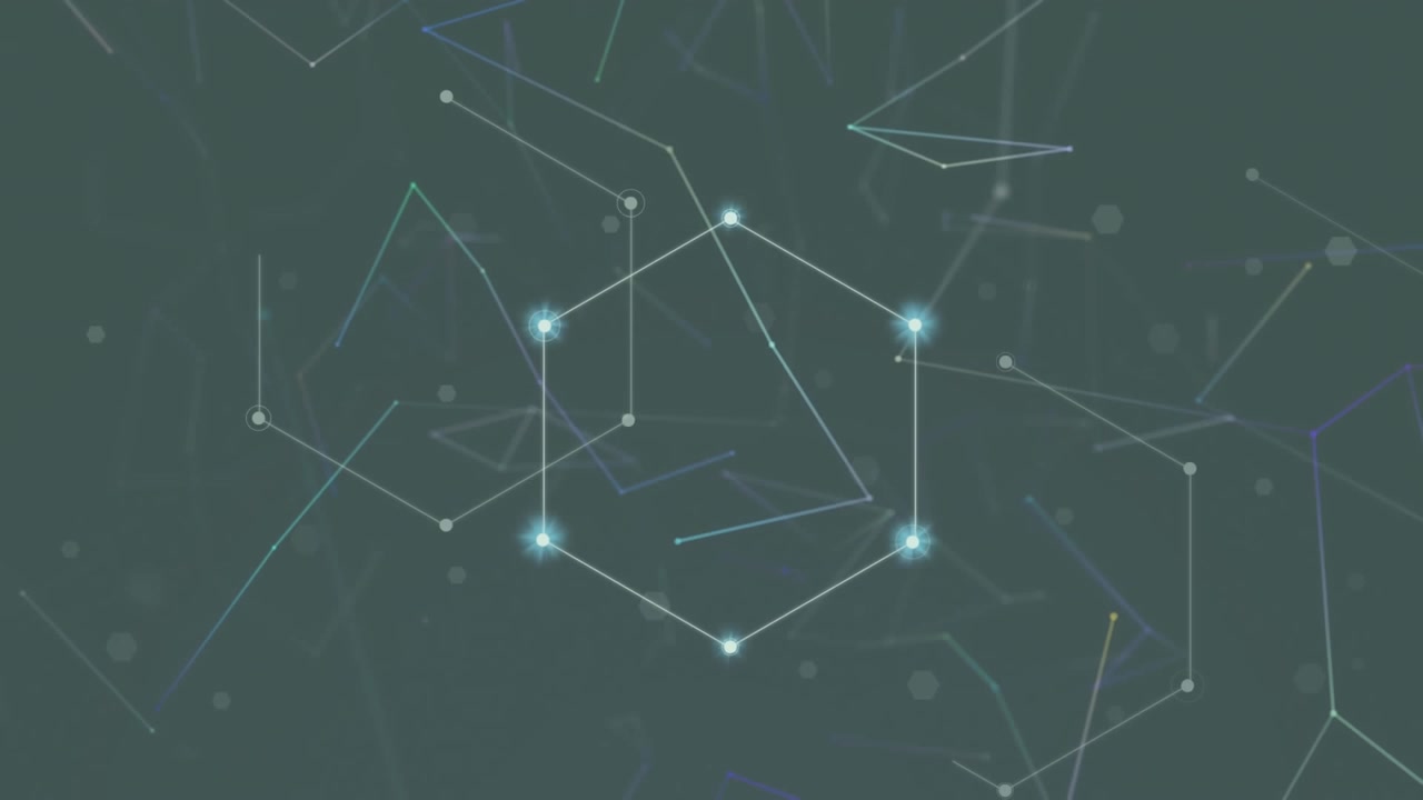 Animation of glowing spots over network of connections on grey background