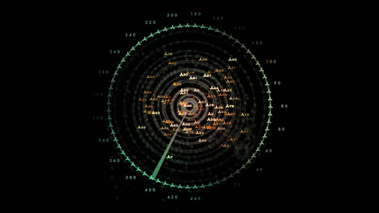 Futuristic radar interface tracking multiple aircraft targets on tactical air traffic control screen. Suitable for aviation media, defense visuals and technology broadcasts