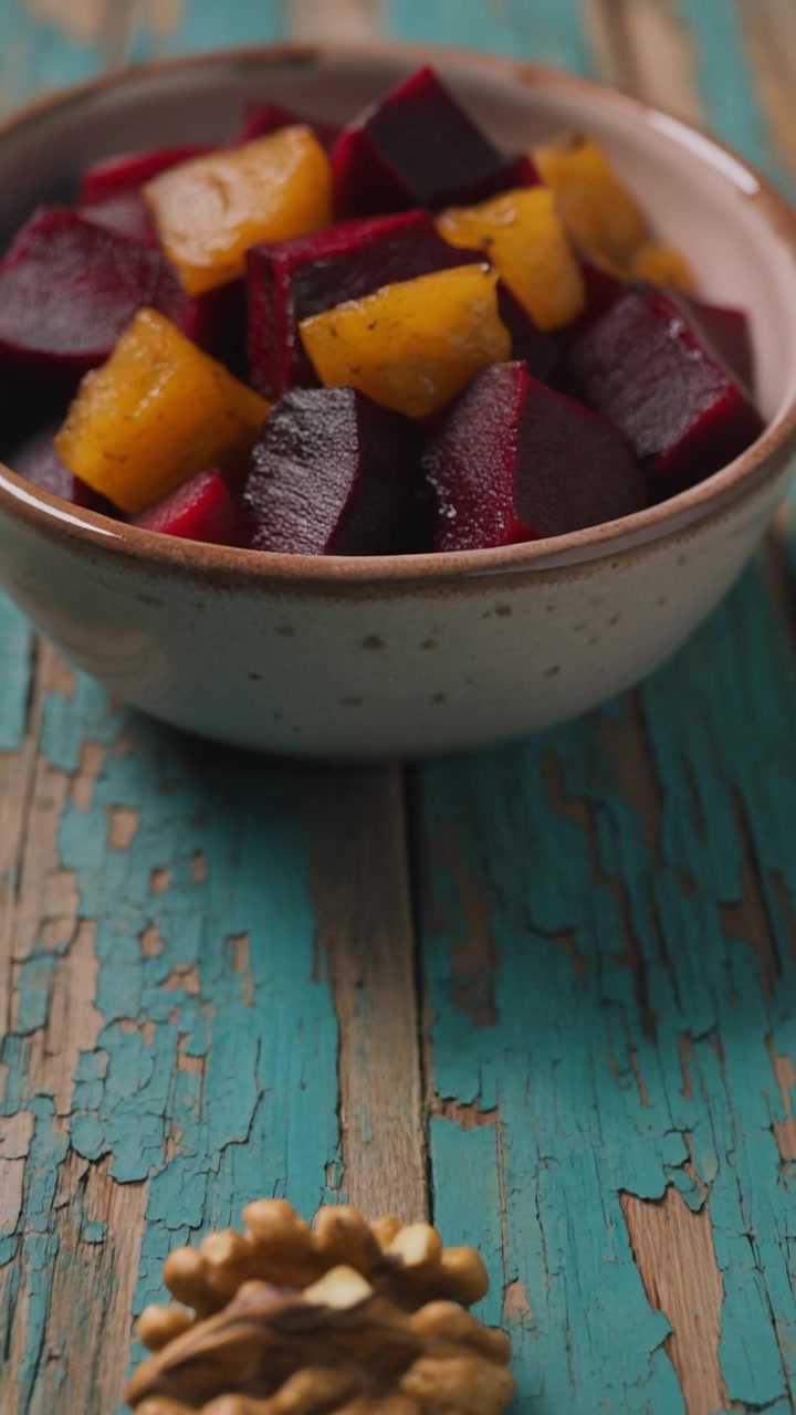 Bowl of Roasted Beetroot and Walnut on Rustic Turquoise Table