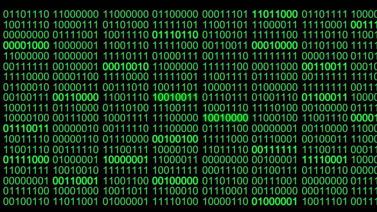 4k, bucle sin costuras de codificación digital binaria abstracta verde con números de dígitos brillantes efecto de matriz de ejecución de datos en fondo negro