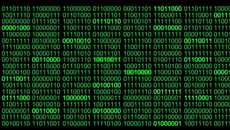 4k, seamless loop of abstract binary digital coding green with glow digit numbers data run matrix effect on black background