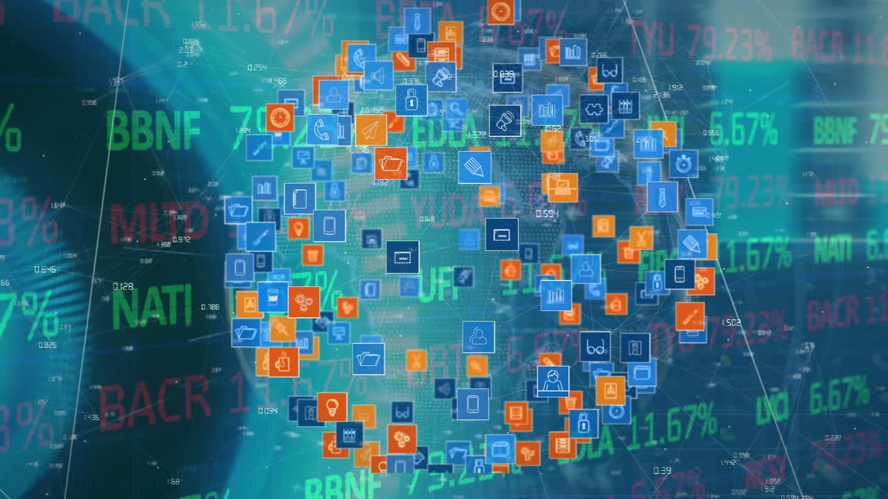 animación del procesamiento de datos financieros en todo el mundo con iconos