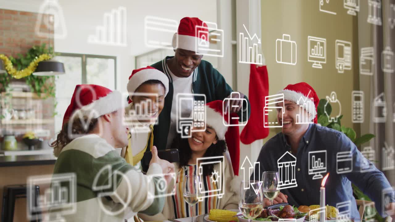 Group gathering after phone held up, sharing cheer while semi-transparent finance icons drifting