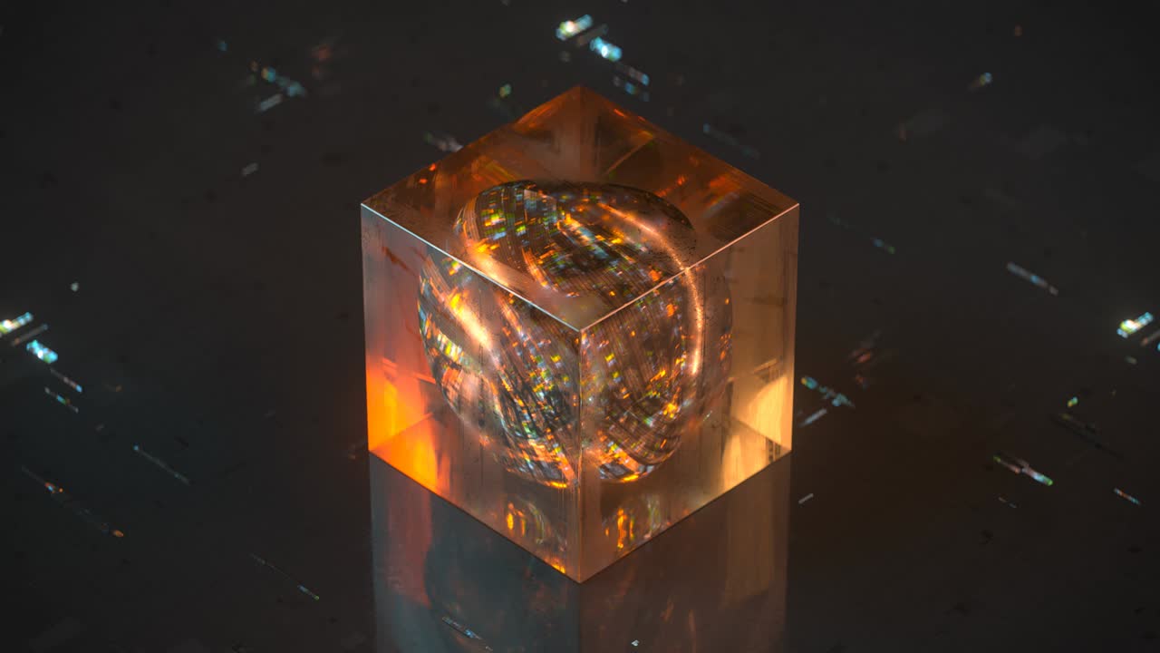 Orange sci-fi cube with ball of energy inside seamless loop 3D render animation