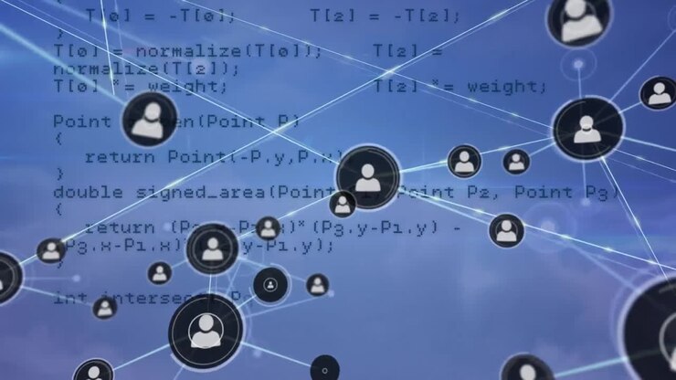 Animation of network of connections with digital icons and data processing on blue background