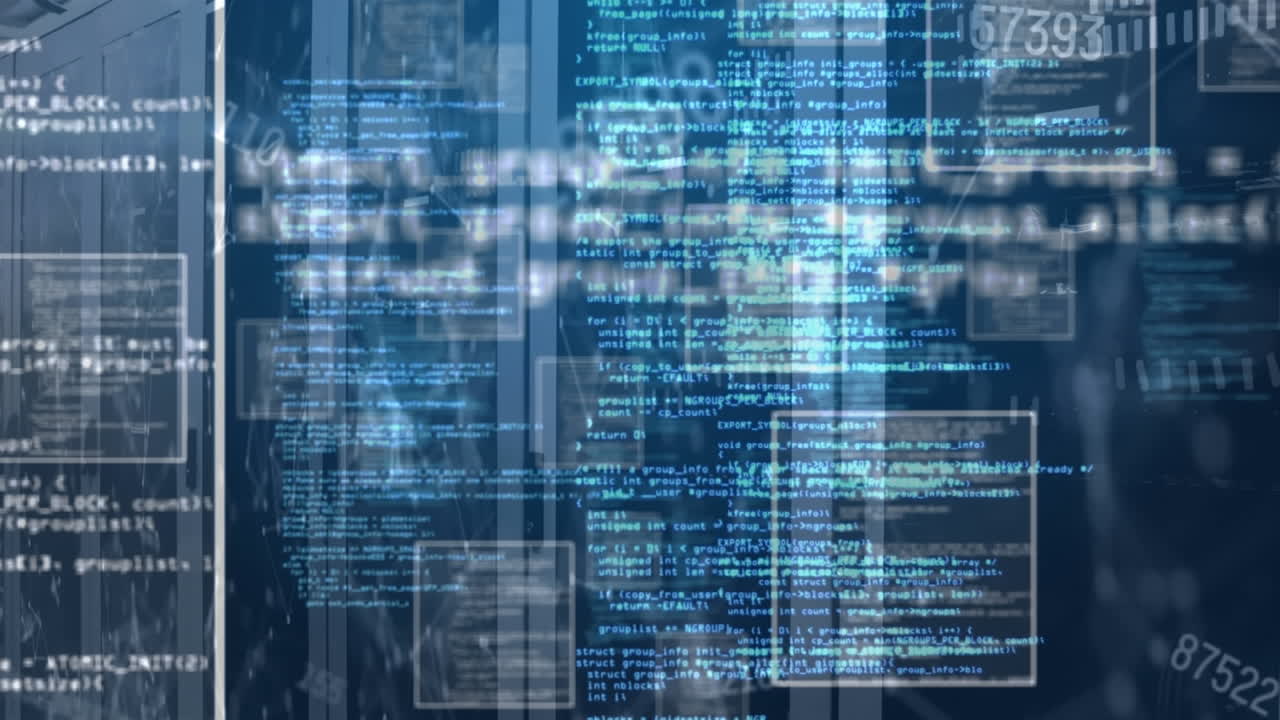 Animation of square, computer language over changing numbers and connected dots on server room