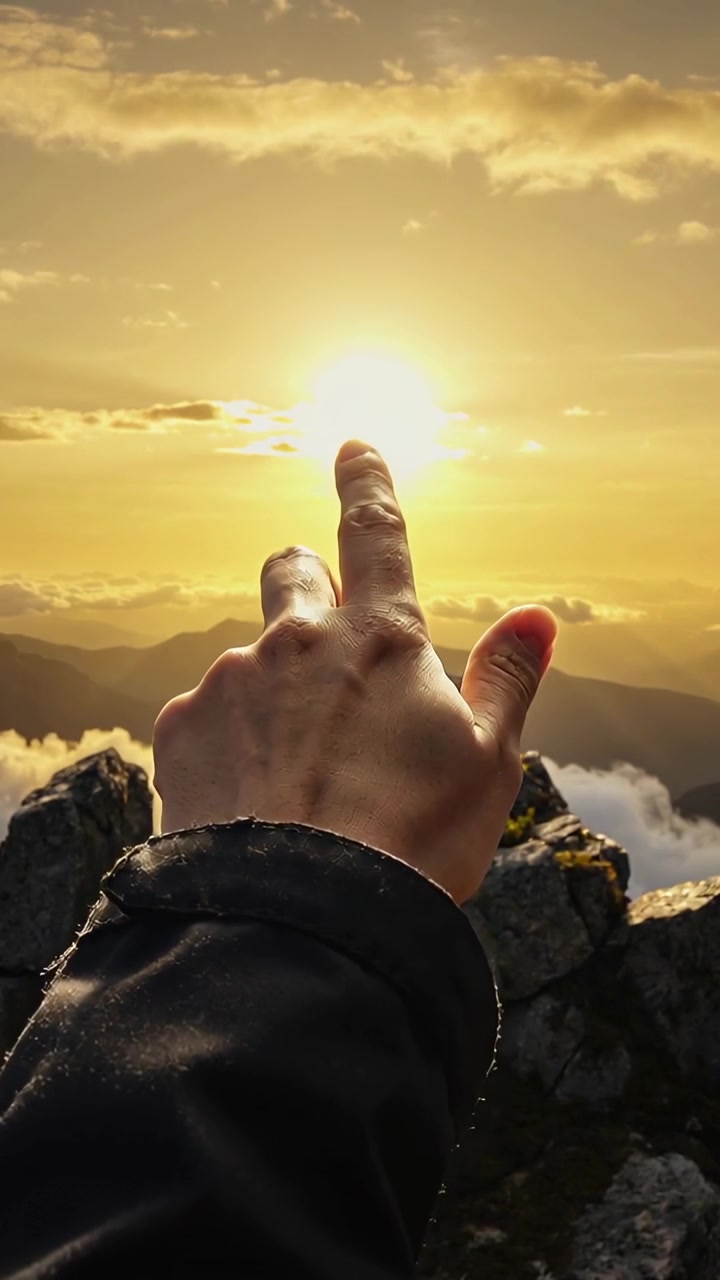 Video verticale: Sole che tramonta, uomo che porta la mano destra nella giacca su un crinale, allineando il dito con il sole