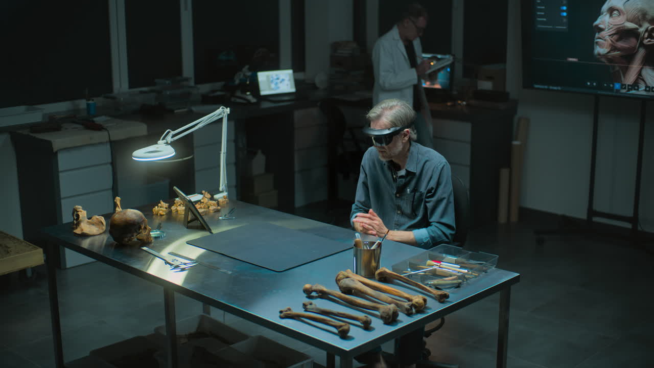 arqueólogo que trabaja en un modelo de realidad virtual de restos humanos