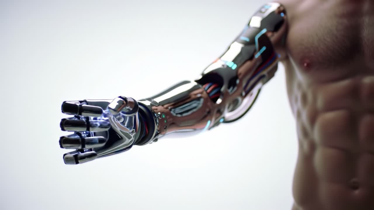 Futuristic Cybernetic Arm Featuring Advanced Robotics and Sleek Design, Showcasing Precision Mechanics and Innovative Technology in a Modern Artistic Presentation